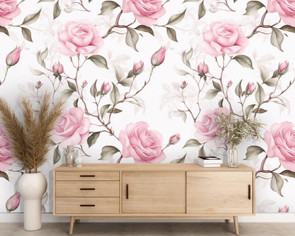 Removable Wallpaper, Pink, Green Rose - Peel & Stick, Reusable, Self Adhesive, 26 Inch Fixed Panels, Easy Install, Seamless