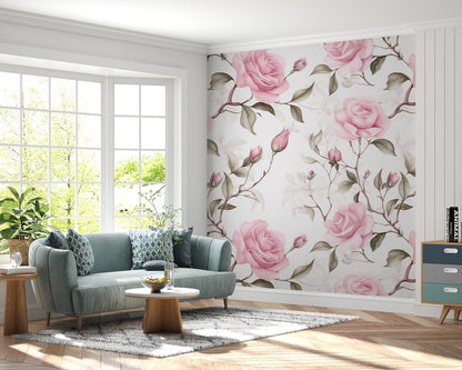 Removable Wallpaper, Pink, Green Rose - Peel & Stick, Reusable, Self Adhesive, 26 Inch Fixed Panels, Easy Install, Seamless