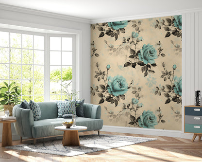 Removable Wallpaper, Blue and Black Rose - Peel & Stick, Reusable, Self Adhesive, 26 Inch Fixed Panels, Easy Install, Seamless