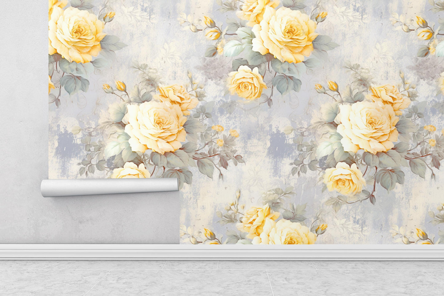 Removable Wallpaper, Yellow and Gray Rose - Peel & Stick, Reusable, Self Adhesive, 26 Inch Fixed Panels, Easy Install, Seamless