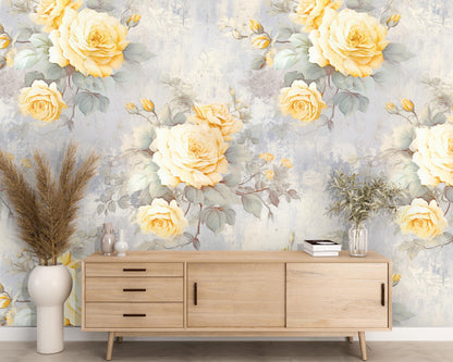 Removable Wallpaper, Yellow and Gray Rose - Peel & Stick, Reusable, Self Adhesive, 26 Inch Fixed Panels, Easy Install, Seamless