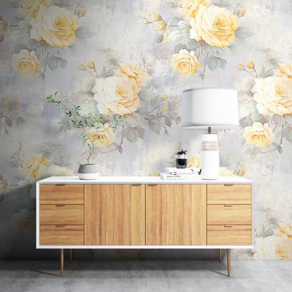 Removable Wallpaper, Yellow and Gray Rose - Peel & Stick, Reusable, Self Adhesive, 26 Inch Fixed Panels, Easy Install, Seamless