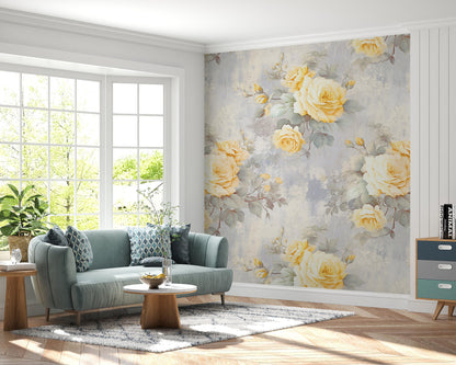 Removable Wallpaper, Yellow and Gray Rose - Peel & Stick, Reusable, Self Adhesive, 26 Inch Fixed Panels, Easy Install, Seamless