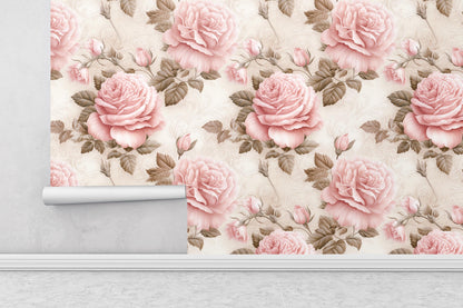 Removable Wallpaper, Pink and Cream Rose - Peel & Stick, Reusable, Self Adhesive, 26 Inch Fixed Panels, Easy Install, Seamless