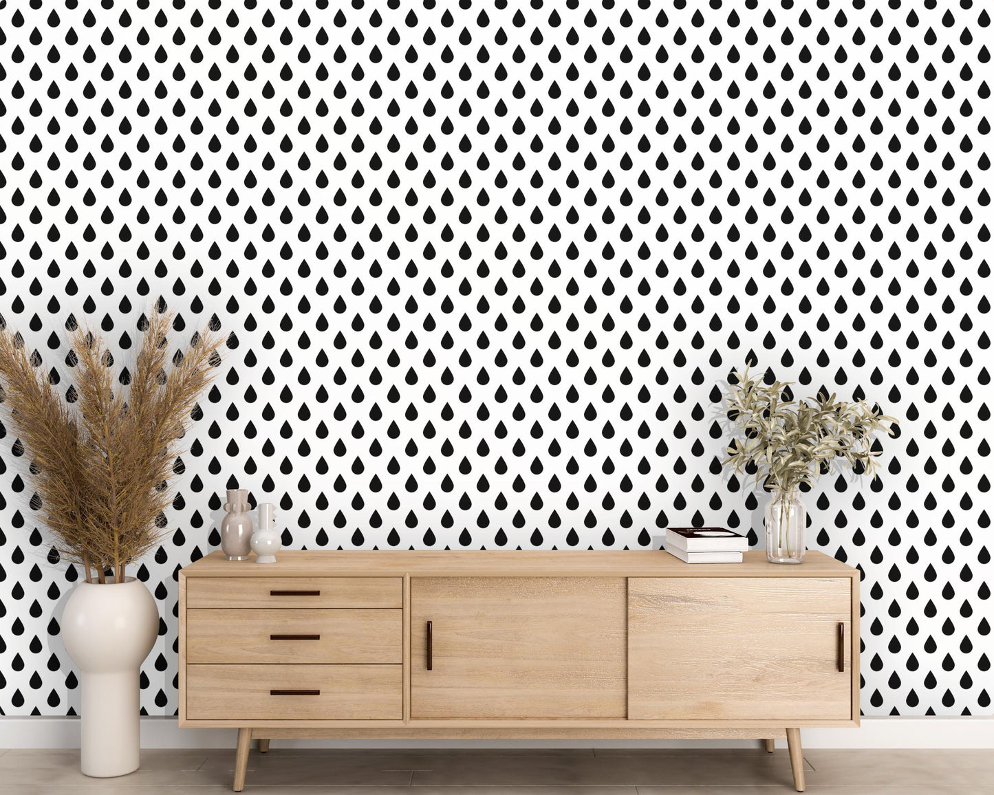 Removable Wallpaper, Black and White Drop Pattern - Peel & Stick, Reusable, Self Adhesive, 26 Inch Fixed Panels, Easy Install, Seamless