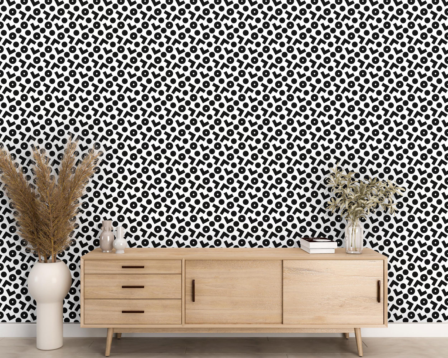 Removable Wallpaper, Black and White Shapes Design - Peel & Stick, Reusable, Self Adhesive, 26 Inch Fixed Panels Easy Install, Seamless