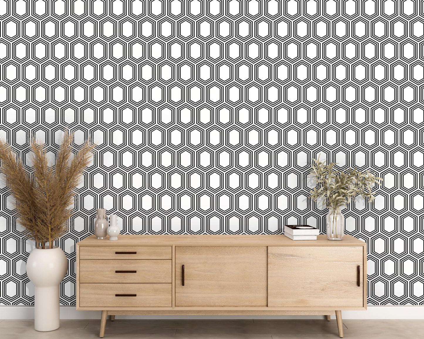 Removable Wallpaper, Black and White Hexagon -Peel & Stick, Reusable, Self Adhesive, 26 Inch Fixed Panels Easy Install, Seamless Home decor