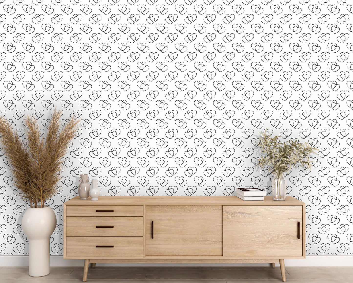 Removable Wallpaper, Black and White Heart Pattern - Peel & Stick, Reusable, Self Adhesive, 26 Inch Fixed Panels Easy Install, Seamless