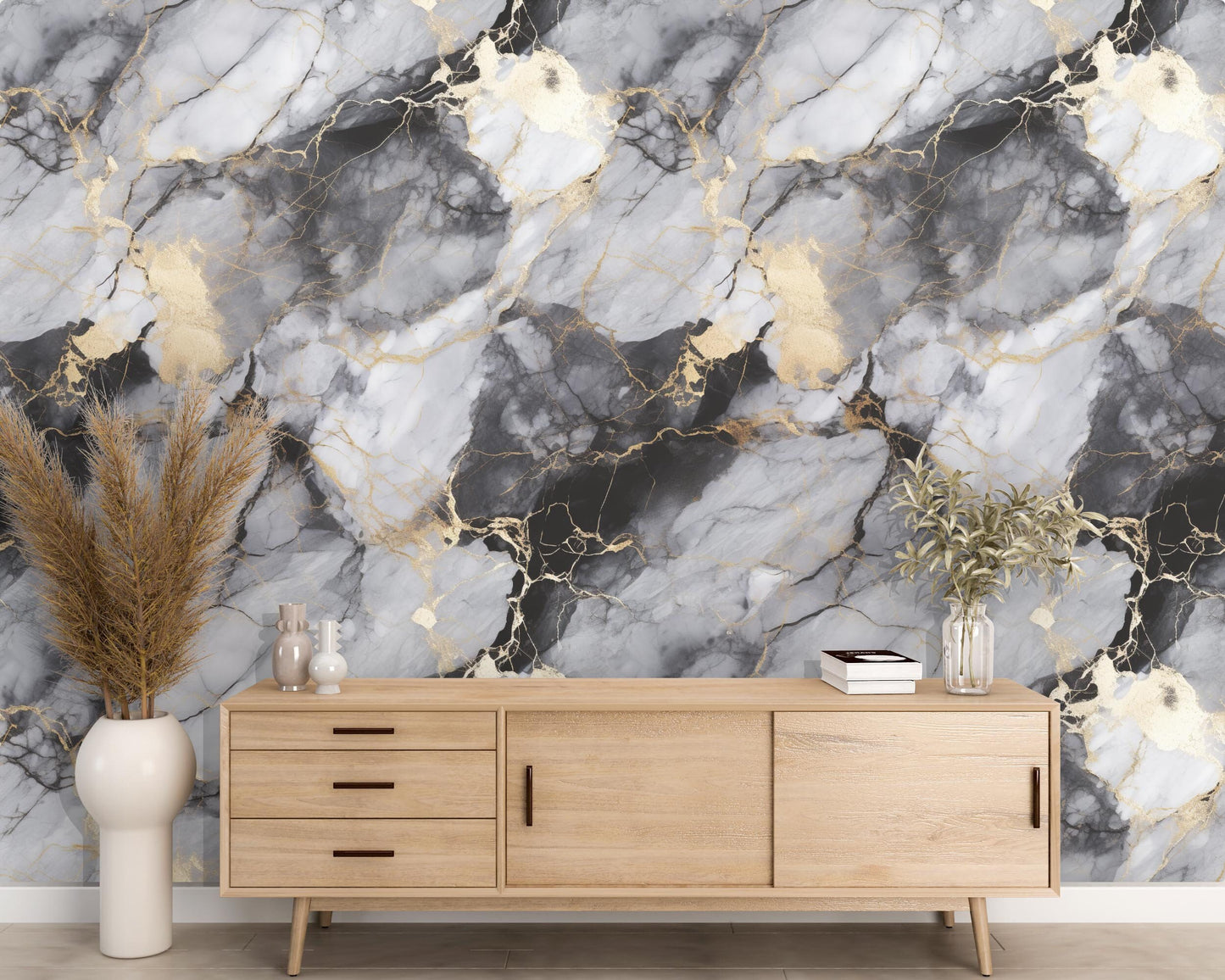 Removable Wallpaper, Black, Gold, Gray Marble - Peel & Stick, Reusable, Self Adhesive, 26 Inch Fixed Panels, Easy Install, Seamless