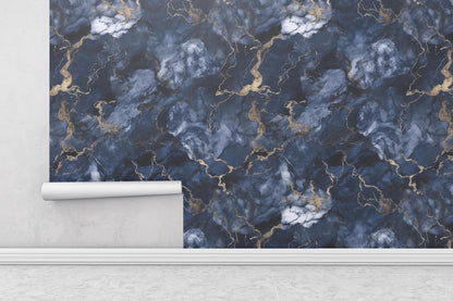 Blue and Gold Marble Removable Wallpaper, - Peel & Stick, Reusable, Self Adhesive, 26 Inch Fixed Panels, Easy Install, Seamless