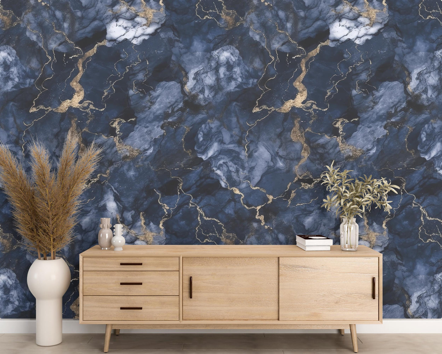 Blue and Gold Marble Removable Wallpaper, - Peel & Stick, Reusable, Self Adhesive, 26 Inch Fixed Panels, Easy Install, Seamless