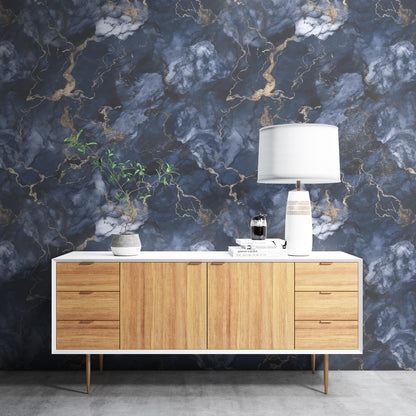 Blue and Gold Marble Removable Wallpaper, - Peel & Stick, Reusable, Self Adhesive, 26 Inch Fixed Panels, Easy Install, Seamless