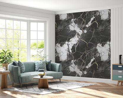 Removable Wallpaper, Black, Gold, White Marble - Peel & Stick, Reusable, Self Adhesive, 26 Inch Fixed Panels, Easy Install, Seamless