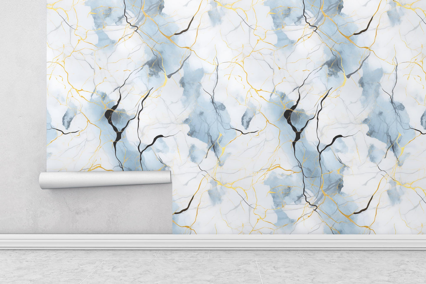 Removable Wallpaper, Blue and Gold Marble - Peel & Stick, Reusable, Self Adhesive, 26" Panels, Easy Install, Seamless