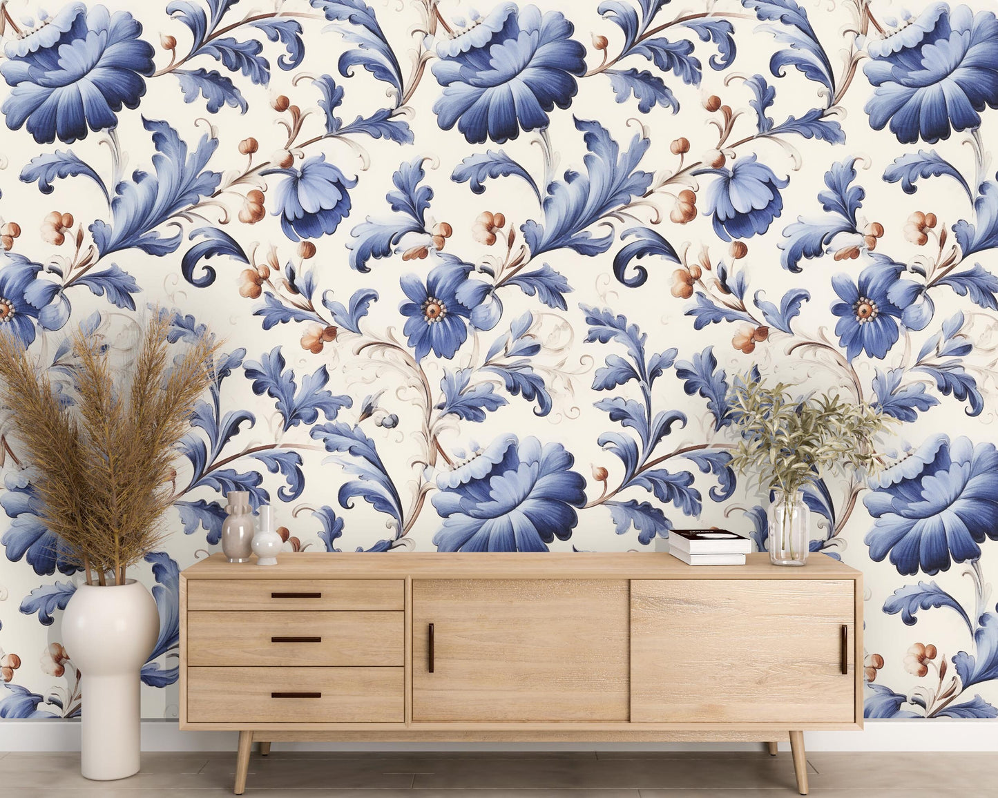 Removable Wallpaper, Blue and White Floral - Peel & Stick, Reusable, Self Adhesive, 26 Inch Fixed Panels, Easy Install, Seamless