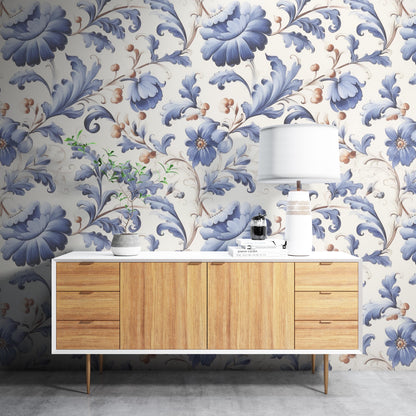 Removable Wallpaper, Blue and White Floral - Peel & Stick, Reusable, Self Adhesive, 26 Inch Fixed Panels, Easy Install, Seamless