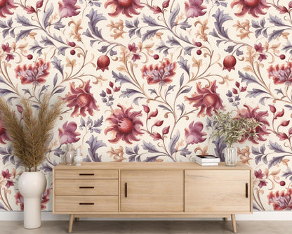 Removable Wallpaper, Blue and Red Floral Vintage - Peel & Stick, Reusable, Self Adhesive, 26 Inch Fixed Panels, Easy Install, Seamless