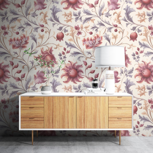 Removable Wallpaper, Blue and Red Floral Vintage - Peel & Stick, Reusable, Self Adhesive, 26 Inch Fixed Panels, Easy Install, Seamless