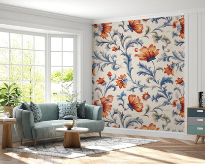 Removable Wallpaper, Blue and Orange Floral - Peel & Stick, Reusable, Self Adhesive, 26 Inch Fixed Panels, Easy Install, Seamless