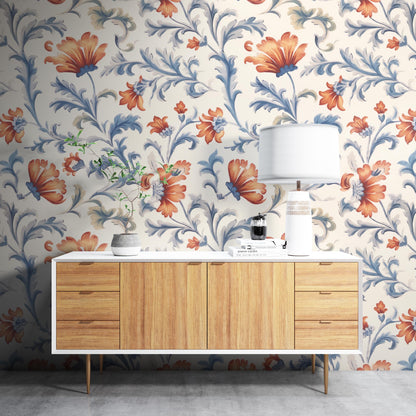 Removable Wallpaper, Blue and Orange Floral - Peel & Stick, Reusable, Self Adhesive, 26 Inch Fixed Panels, Easy Install, Seamless