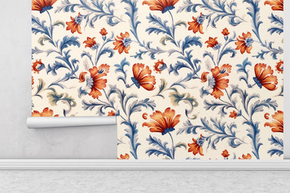 Removable Wallpaper, Blue and Orange Floral - Peel & Stick, Reusable, Self Adhesive, 26 Inch Fixed Panels, Easy Install, Seamless