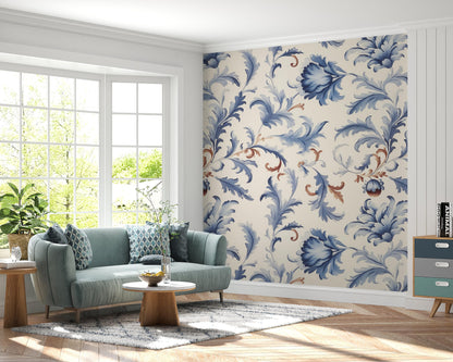 Removable Wallpaper, Blue Floral - Custom Printed, Peel & Stick, Reusable, Self Adhesive, 26 Inch Fixed Panels, Easy Install, Seamless