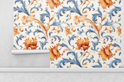 Removable Wallpaper, Orange and Blue Floral - Peel & Stick, Reusable, Self Adhesive, 26 Inch Fixed Panels, Easy Install, Seamless