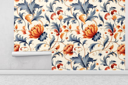 Removable Wallpaper, Orange, Blue and Red Floral - Peel & Stick, Reusable, Self Adhesive, 26 Inch Fixed Panels, Easy Install, Seamless