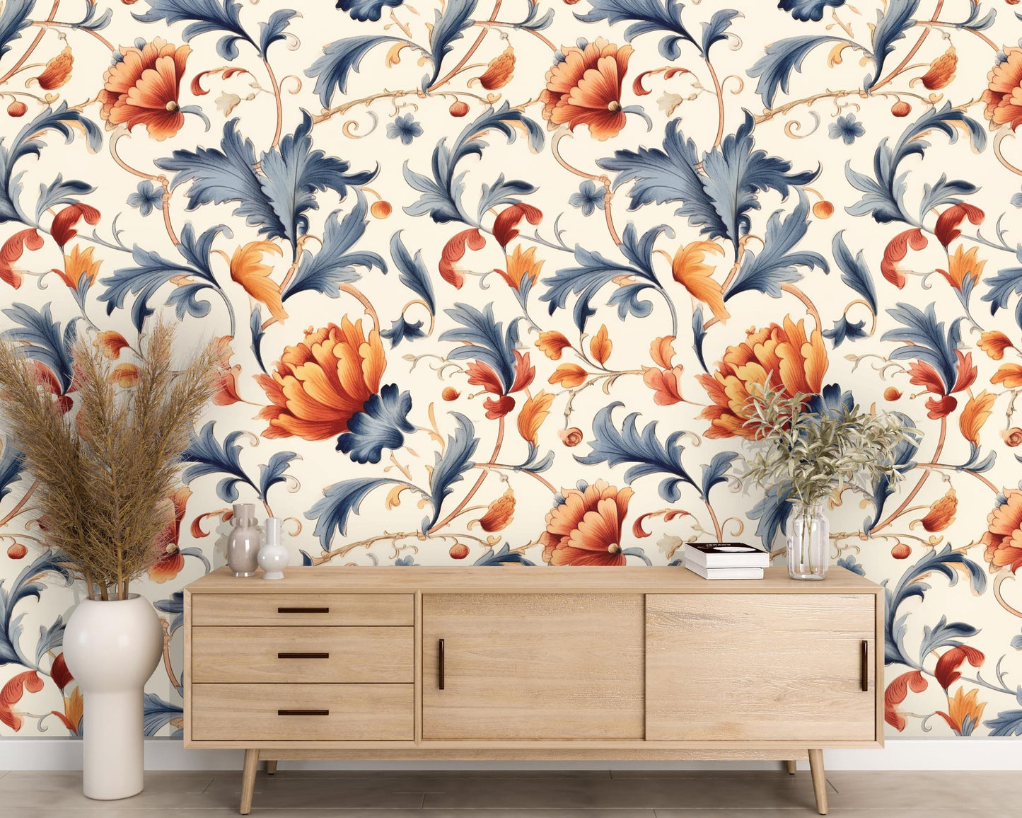 Removable Wallpaper, Orange, Blue and Red Floral - Peel & Stick, Reusable, Self Adhesive, 26 Inch Fixed Panels, Easy Install, Seamless