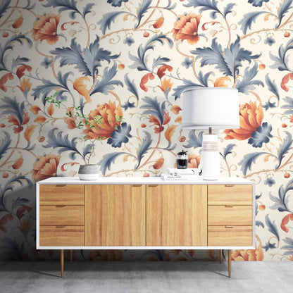 Removable Wallpaper, Orange, Blue and Red Floral - Peel & Stick, Reusable, Self Adhesive, 26 Inch Fixed Panels, Easy Install, Seamless