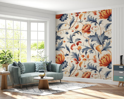 Removable Wallpaper, Orange, Blue and Red Floral - Peel & Stick, Reusable, Self Adhesive, 26 Inch Fixed Panels, Easy Install, Seamless