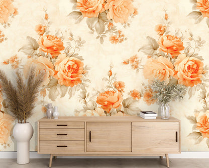 Orange Floral Removable Wallpaper- Peel & Stick, Reusable, Self Adhesive, Rose Pattern, 26 Inch Fixed Panels, Easy Install, Seamless