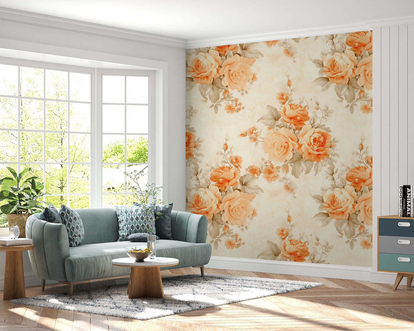 Orange Floral Removable Wallpaper- Peel & Stick, Reusable, Self Adhesive, Rose Pattern, 26 Inch Fixed Panels, Easy Install, Seamless