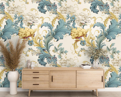 Removable Wallpaper, Yellow, Blue Floral - Custom Printed, Peel & Stick, Reusable, Self Adhesive, 26 Inch Fixed Panels, Easy Install