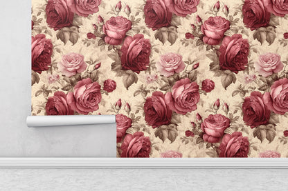 Red Rose Removable Wallpaper, Vintage Floral Wallpaper - Peel & Stick, Reusable, Self Adhesive, 26 Inch Fixed Panels, Easy Install