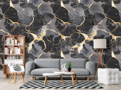 Removable Wallpaper, Black, Gold, Gray Marble - Peel & Stick, Reusable, Self Adhesive, 26 Inch Fixed Panels, Easy Install, Seamless