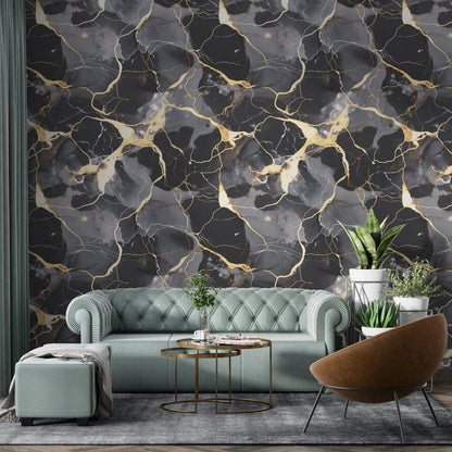 Removable Wallpaper, Black, Gold, Gray Marble - Peel & Stick, Reusable, Self Adhesive, 26 Inch Fixed Panels, Easy Install, Seamless