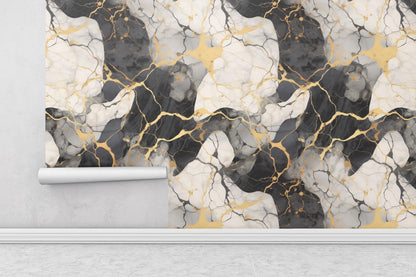 Removable Wallpaper, White, Gold, Black Marble - Peel & Stick, Reusable, Self Adhesive, 26 Inch Fixed Panels, Easy Install, Seamless