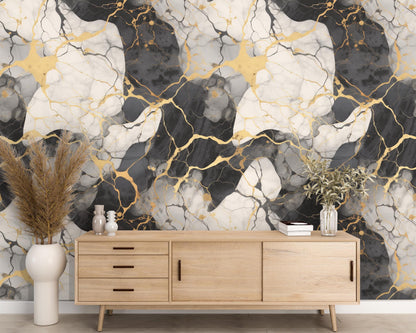 Removable Wallpaper, White, Gold, Black Marble - Peel & Stick, Reusable, Self Adhesive, 26 Inch Fixed Panels, Easy Install, Seamless