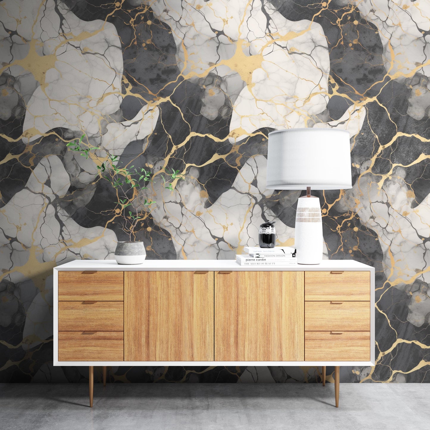 Removable Wallpaper, White, Gold, Black Marble - Peel & Stick, Reusable, Self Adhesive, 26 Inch Fixed Panels, Easy Install, Seamless