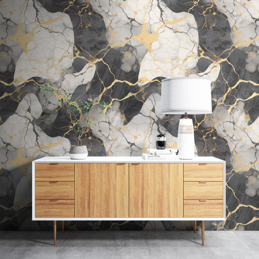 Removable Wallpaper, White, Gold, Black Marble - Peel & Stick, Reusable, Self Adhesive, 26 Inch Fixed Panels, Easy Install, Seamless