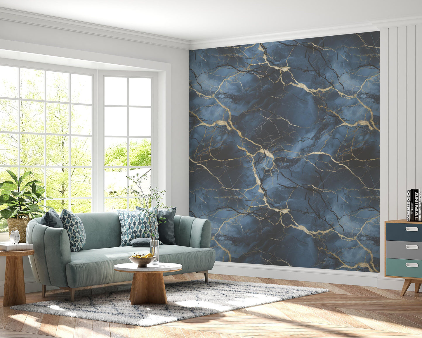 Blue, Gold and Black Marble Removable Wallpaper,- Peel & Stick, Reusable, Self Adhesive, 26 Inch Fixed Panels, Easy Install, Seamless