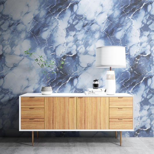 Removable Wallpaper, White and Blue Marble - Peel & Stick, Reusable, Self Adhesive, 26 Inch Fixed Panels, Easy Install, Seamless