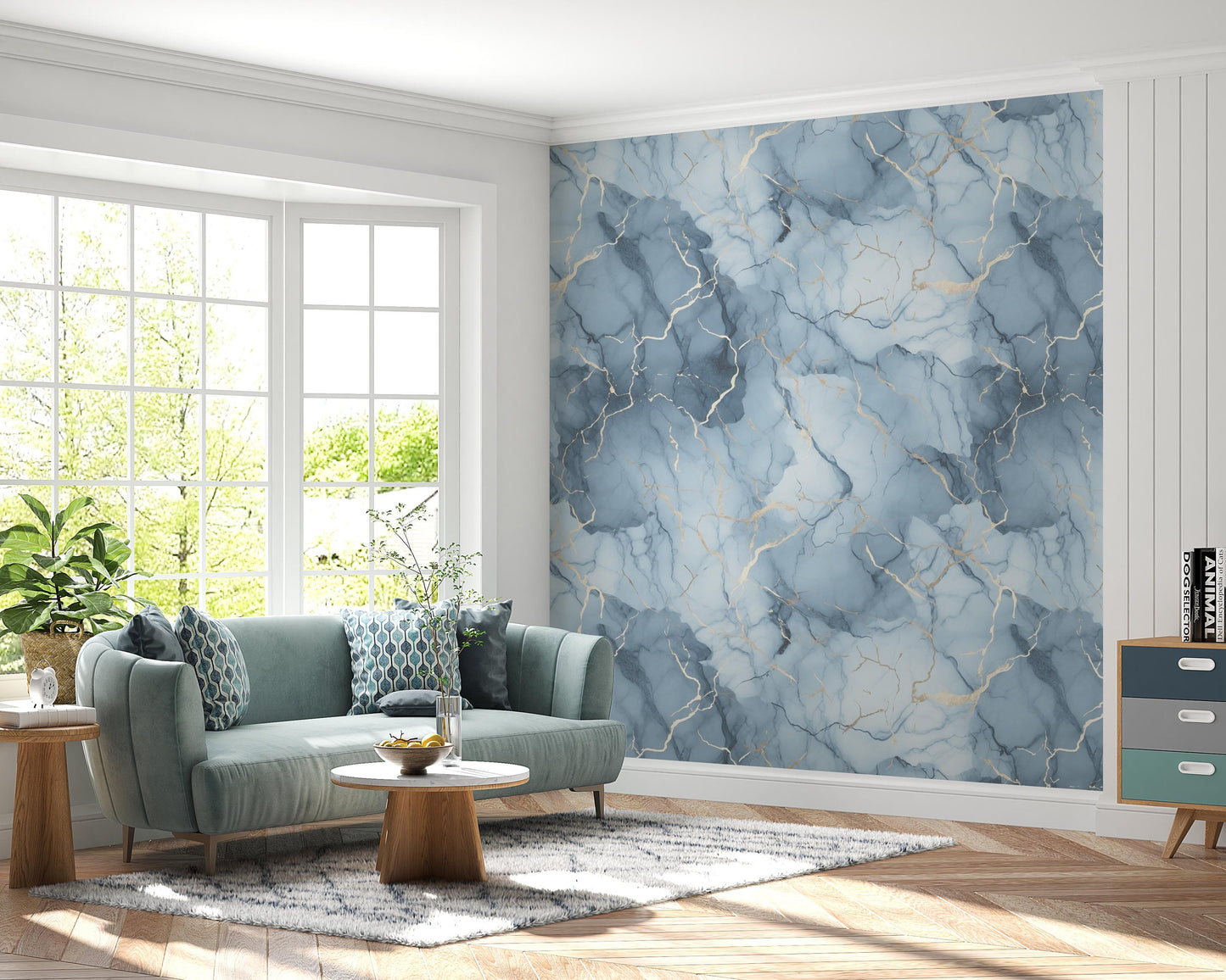 Removable Wallpaper, Gold, Blue and White Marble - Peel & Stick, Reusable, Self Adhesive, 26 Inch Fixed Panels, Easy Install, Seamless