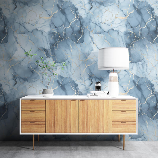 Removable Wallpaper, Gold, Blue and White Marble - Peel & Stick, Reusable, Self Adhesive, 26 Inch Fixed Panels, Easy Install, Seamless