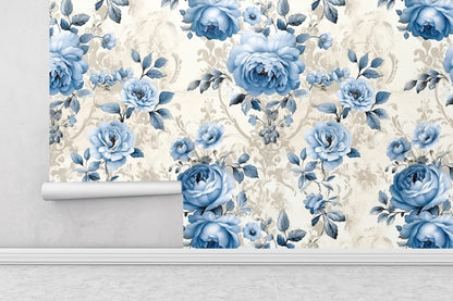 Removable Wallpaper, Blue Rose Floral - Peel & Stick, Reusable, Self Adhesive, 26 Inch Fixed Panels, Easy Install, Seamless