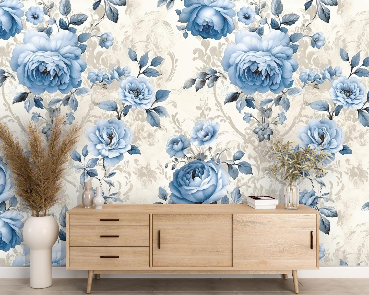 Removable Wallpaper, Blue Rose Floral - Peel & Stick, Reusable, Self Adhesive, 26 Inch Fixed Panels, Easy Install, Seamless