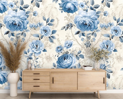 Removable Wallpaper, Blue Rose Floral - Peel & Stick, Reusable, Self Adhesive, 26 Inch Fixed Panels, Easy Install, Seamless