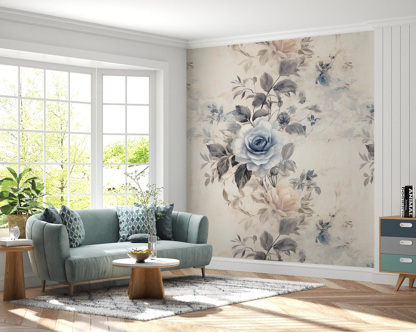 Removable Wallpaper, Blue and Cream Rose - Peel & Stick, Reusable, Self Adhesive, 26 Inch Fixed Panels, Easy Install, Seamless