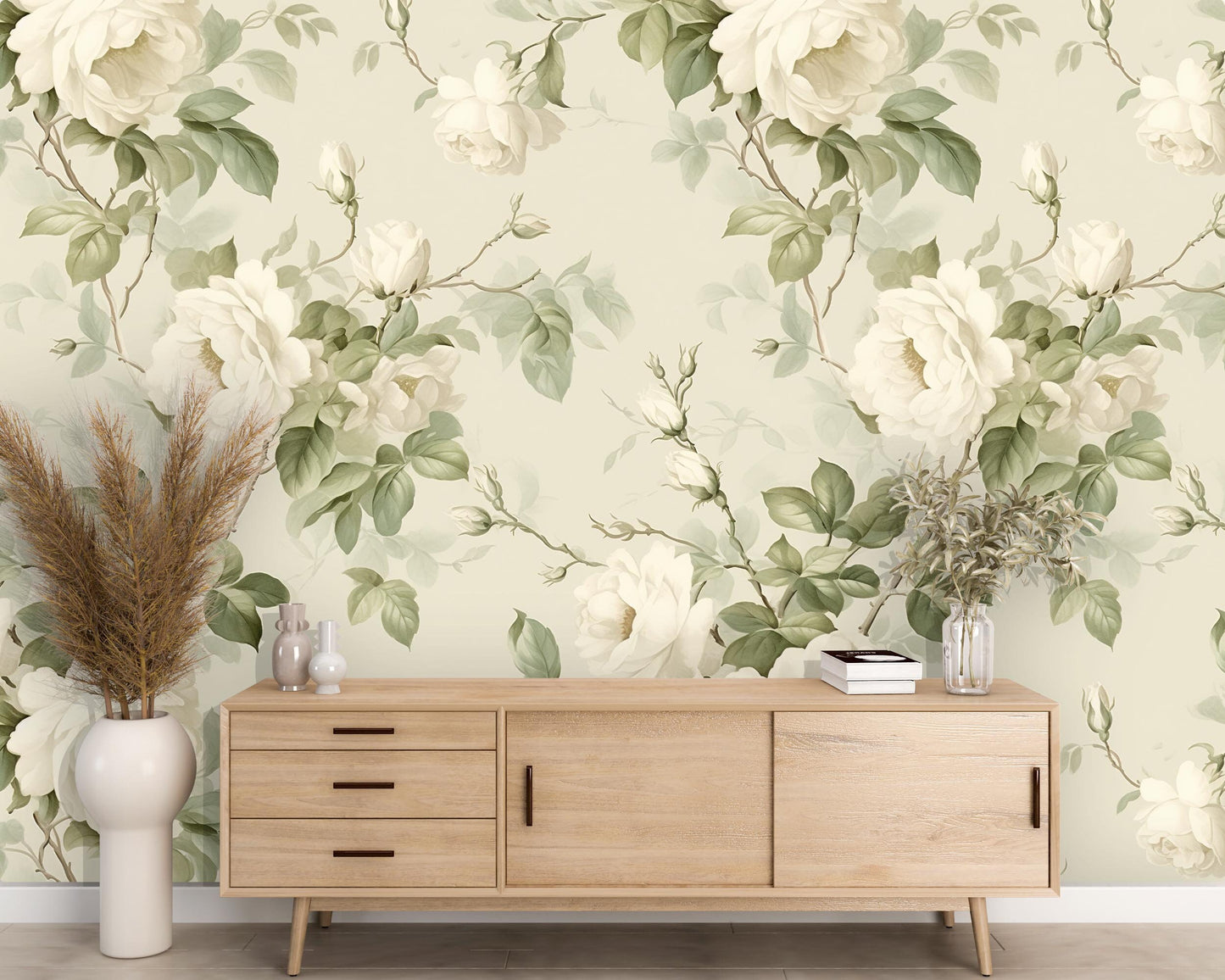 Removable Wallpaper, Green and White Rose Floral - Peel & Stick, Reusable, Self Adhesive, 26 Inch Fixed Panels, Easy Install, Seamless